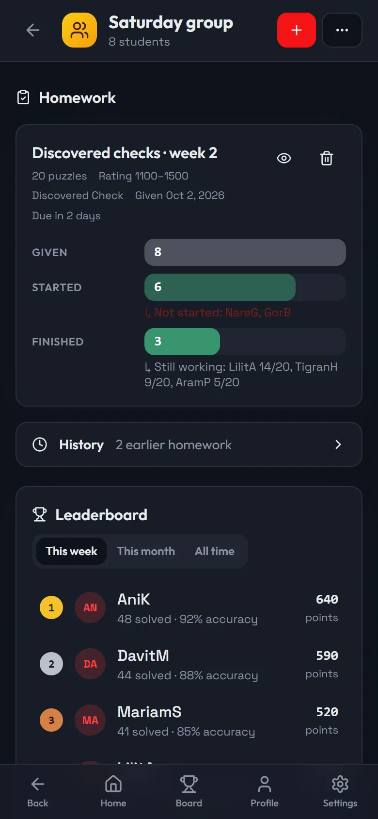 A coach's group page with homework progress and a leaderboard